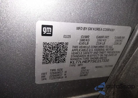 2025 Chevrolet Trax Fwd Lt из США, поврежденный, VIN KL77LHEP7SC217330